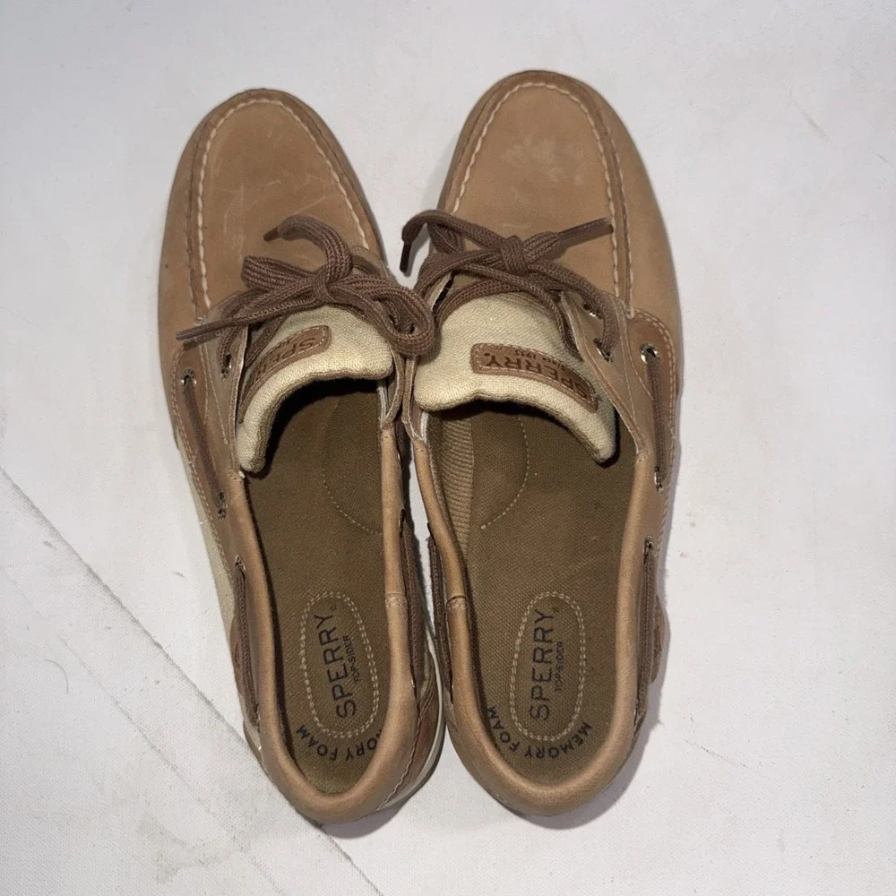 Sperry Bluefish Boat Shoes Linen Tan Old Money Classic Loafers Women's Size 10